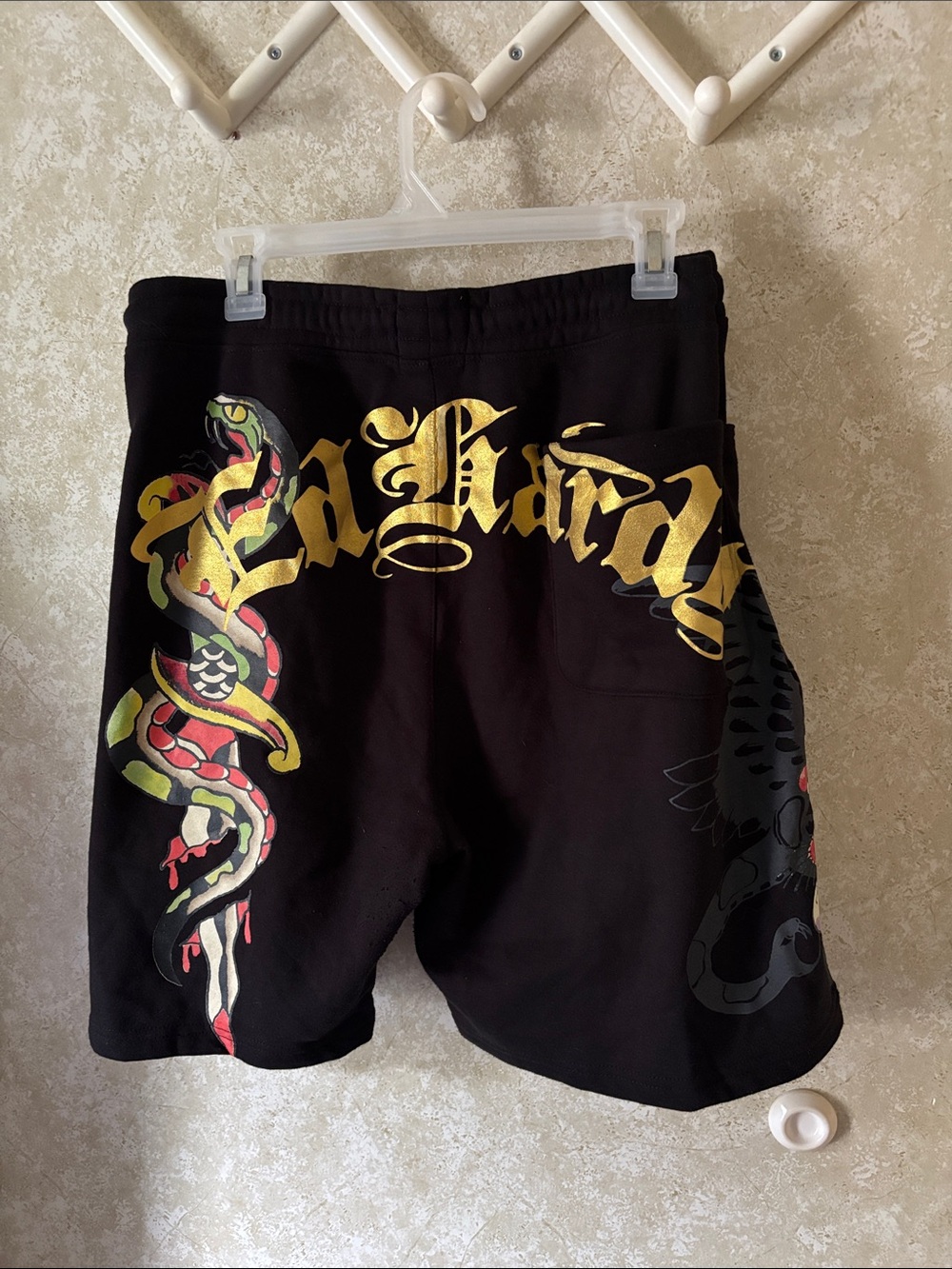 Ed Hardy Black Athletic Shorts with Gold Script and Multicolor Snake